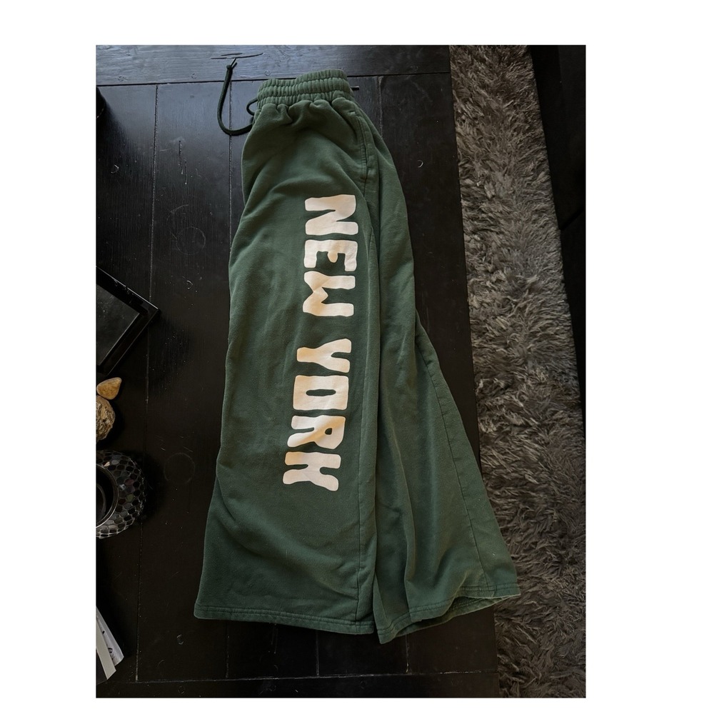 IML Men's L Green Fleece Sweatpants Drawstring Pockets NYC New York Logo